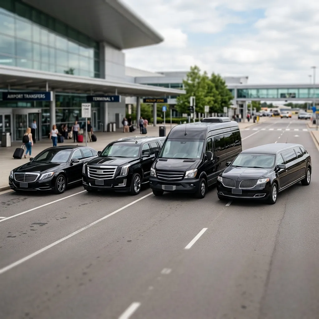 Luxury airport transportation fleet including sedans, SUVs, Sprinter vans, and limousines