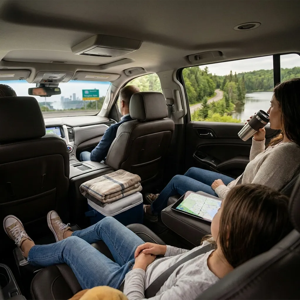 Passengers enjoying private Muskoka to Niagara Falls transportation inside a luxury vehicle with professional chauffeur service